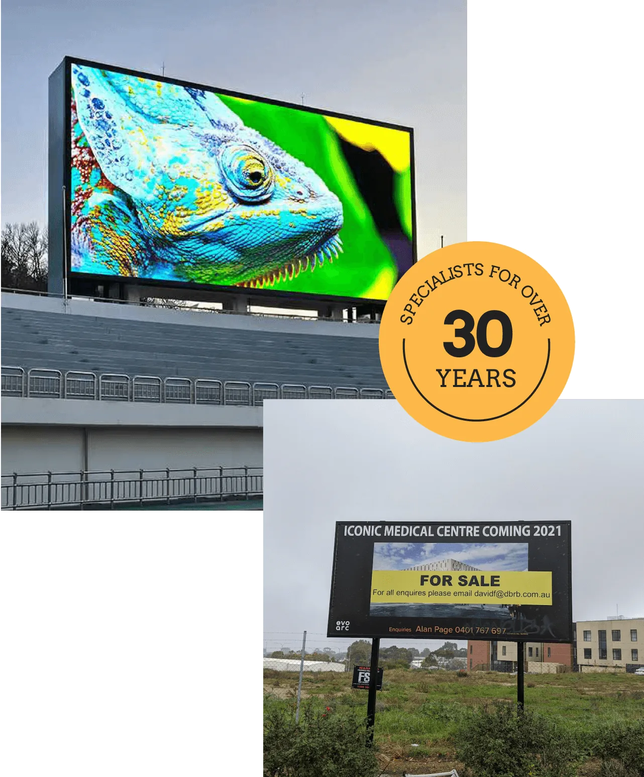 Digital billboard display with bright graphics and 30 Years anniversary badge