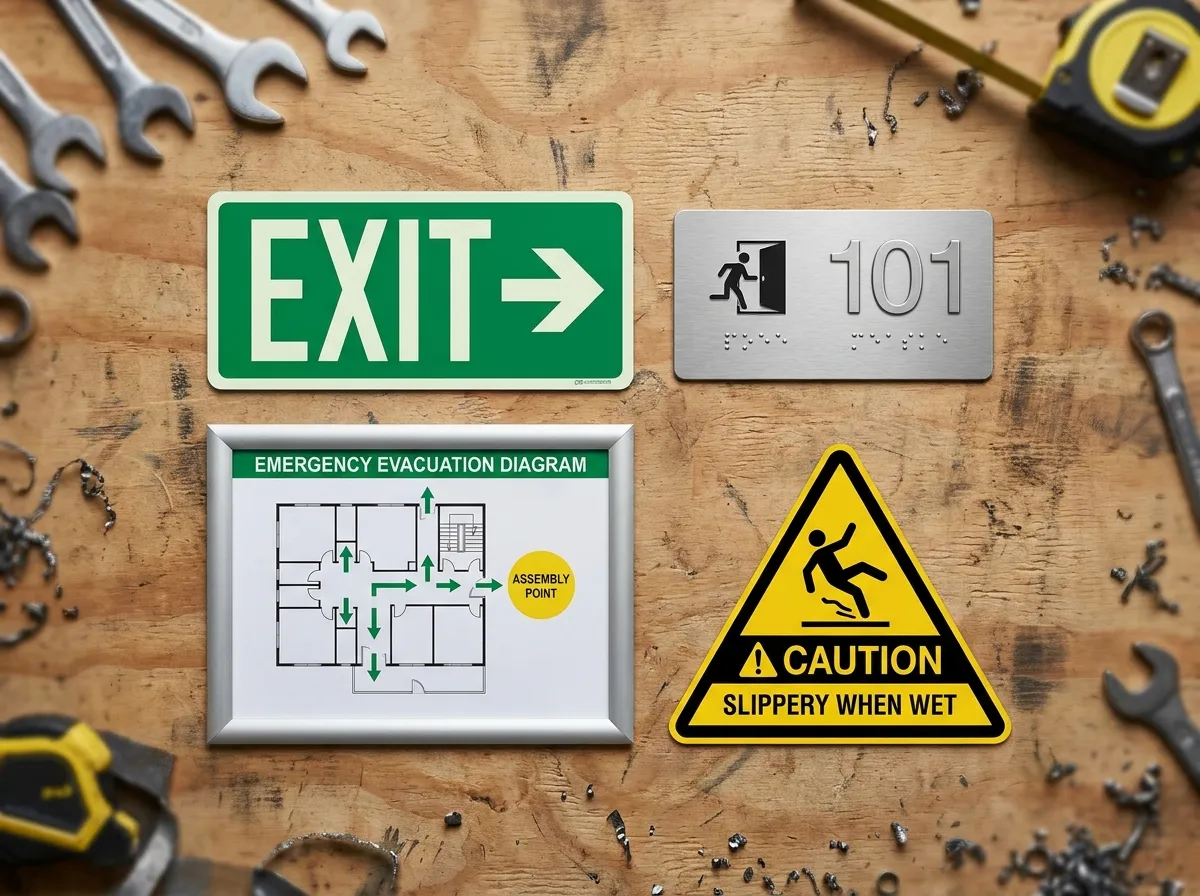 Australian workplace compliance signage set: exit sign, braille door sign, evacuation diagram and safety signs