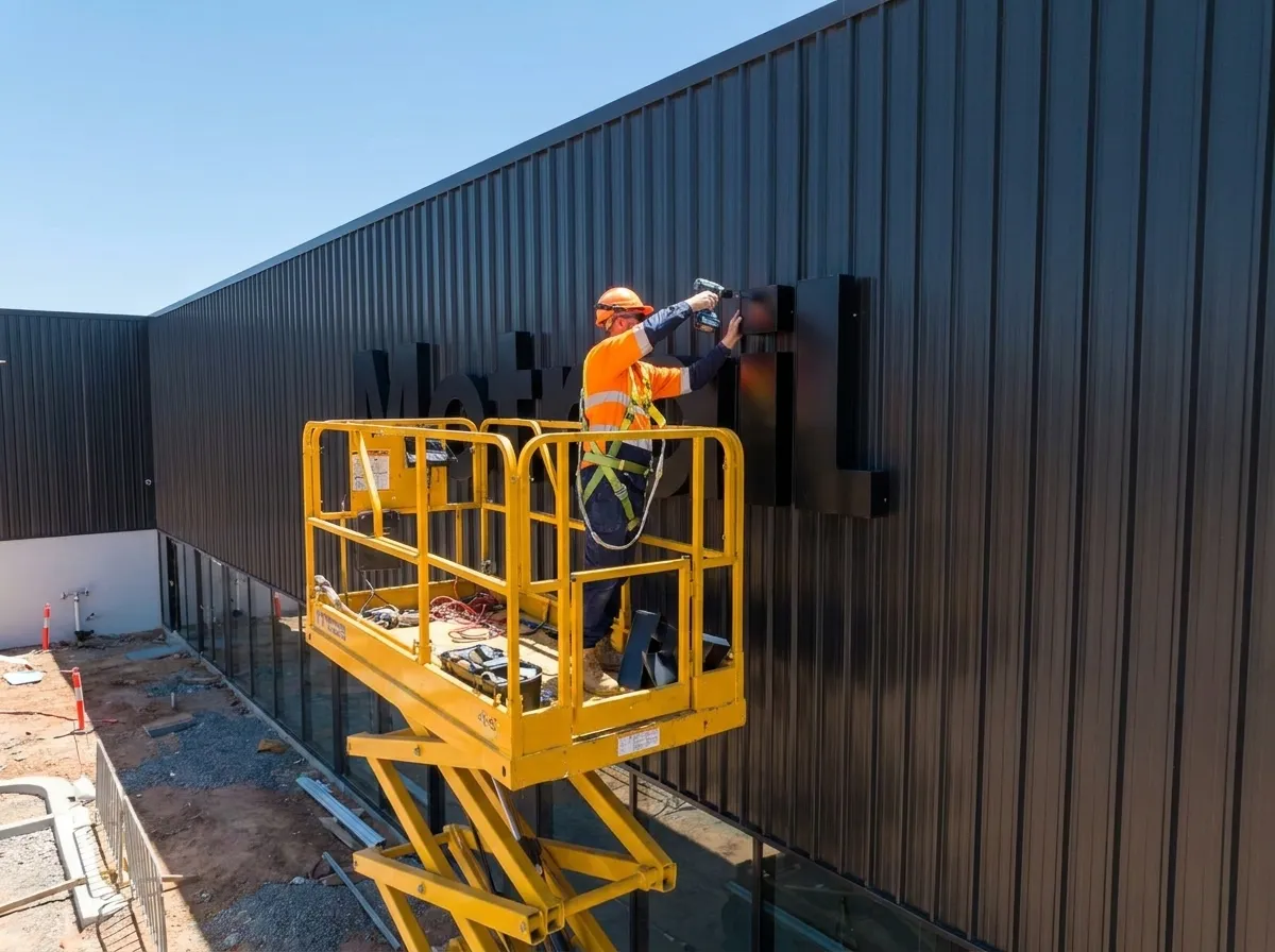 Sign installer on a scissor lift fixing 3D channel letters to a building facade