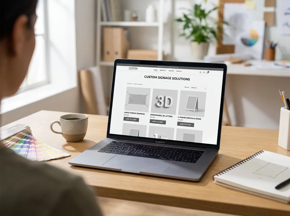 Laptop showing a brand-neutral online signage store product grid