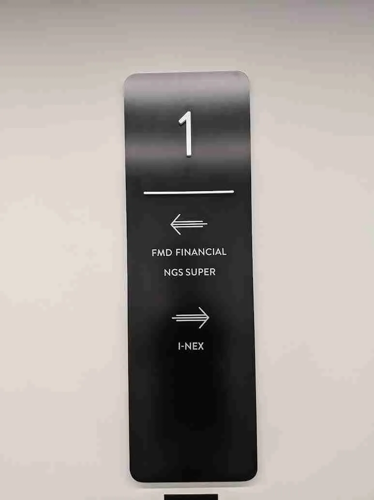 Level directory wayfinding sign with tenant names and directional arrows