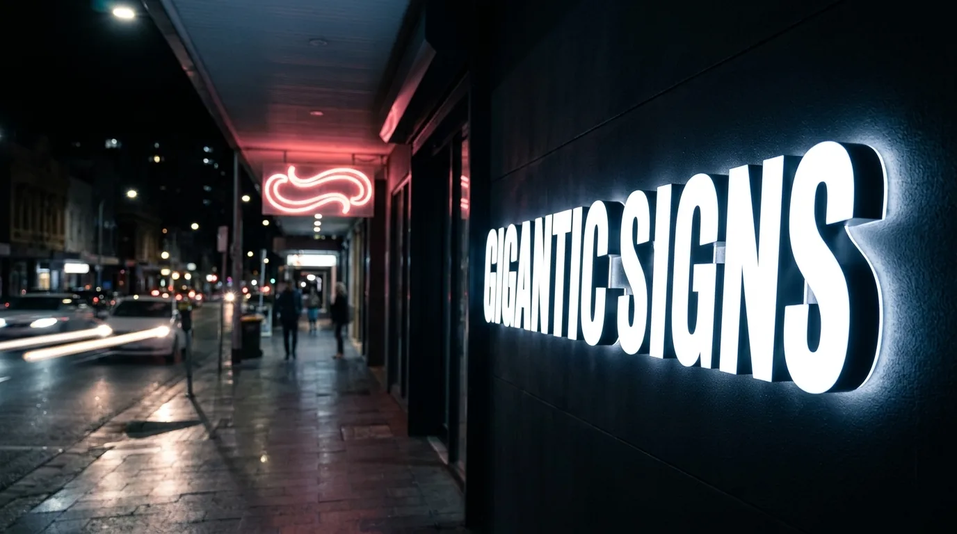 Illuminated white LED channel-letter Gigantic Signs shopfront sign glowing at night, with a soft red neon sign on a neighbouring facade -- gigantic signs adelaide