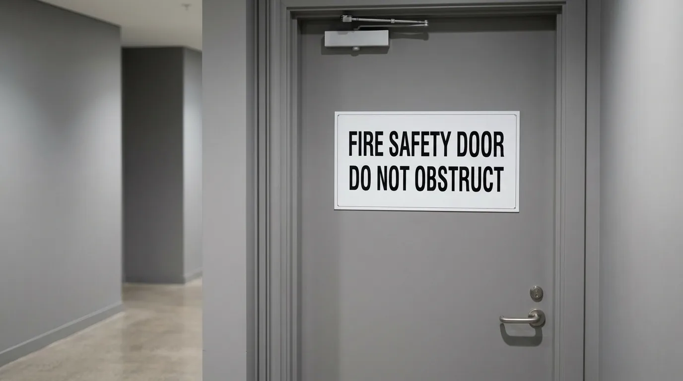 Commercial corridor metal fire door with a white FIRE SAFETY DOOR DO NOT OBSTRUCT sign mounted at eye height -- gigantic signs adelaide