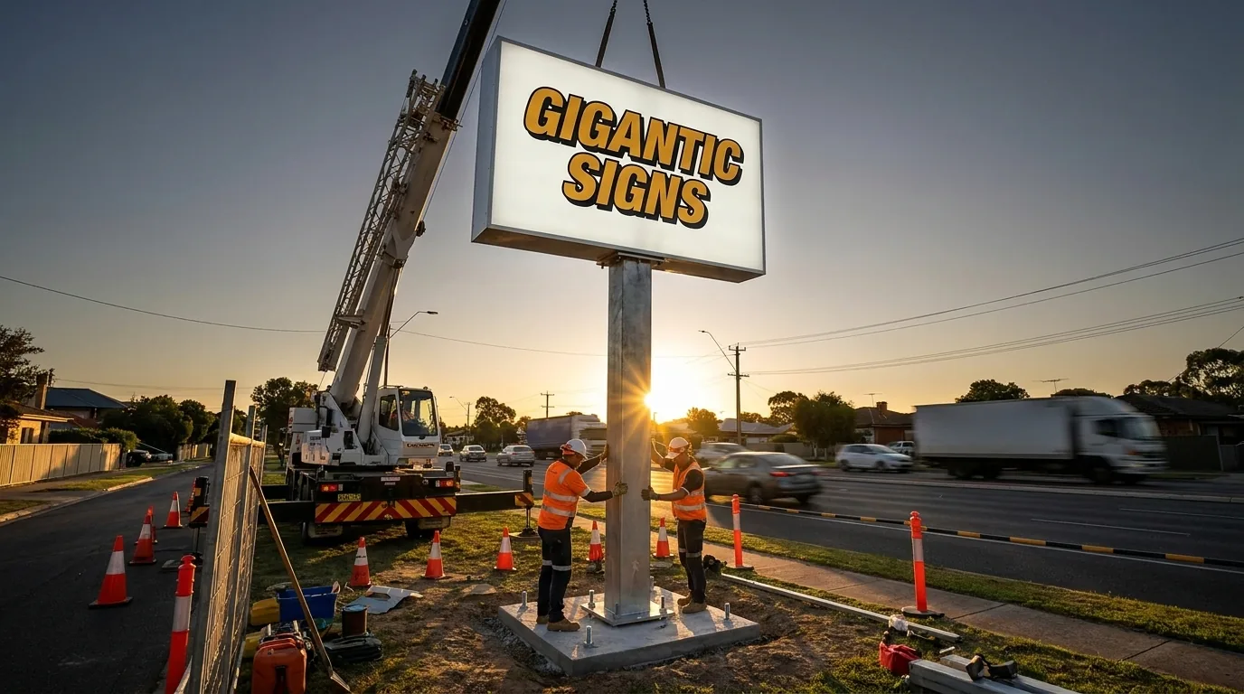 tall illuminated pylon sign being craned into place beside an Adelaide arterial road at dusk -- gigantic signs adelaide