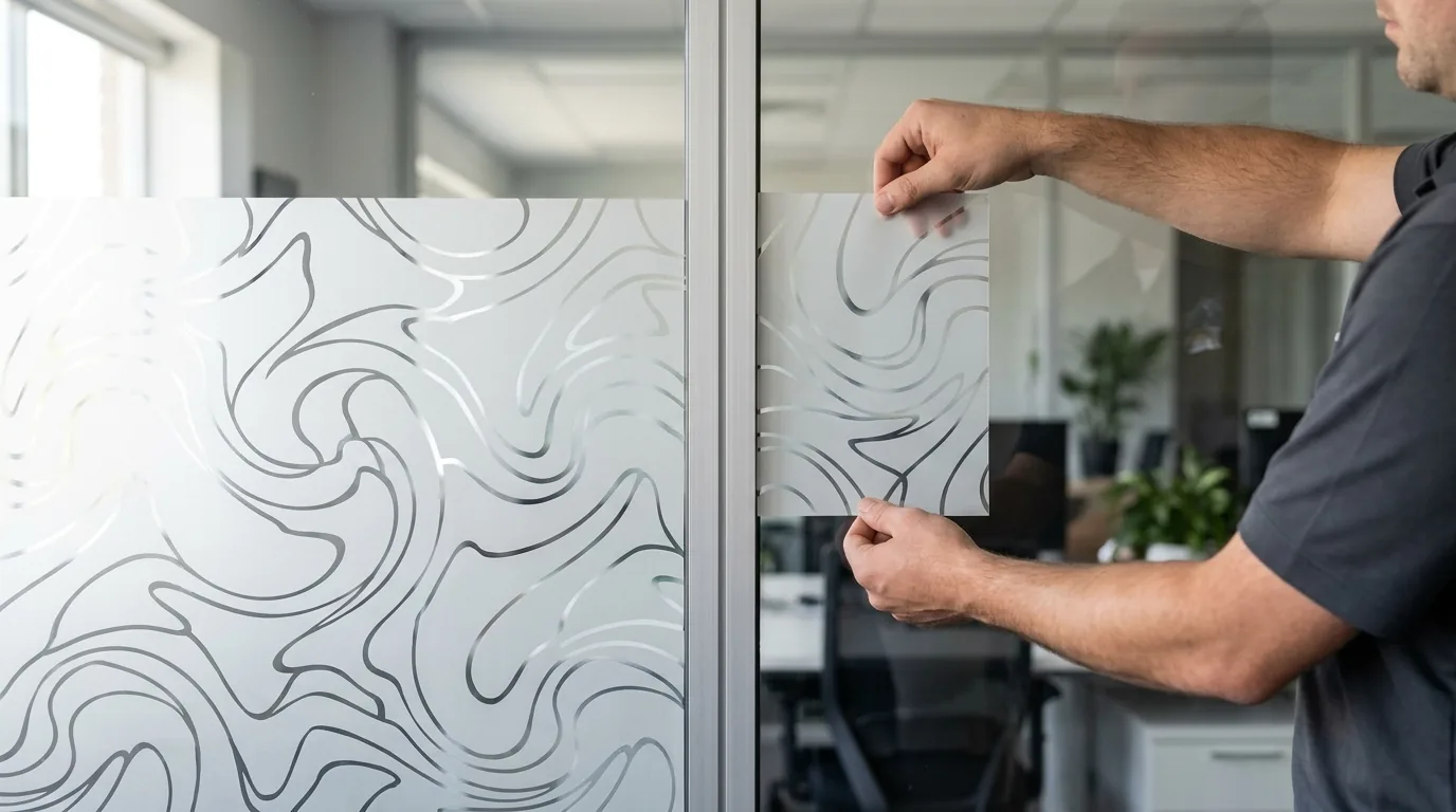 sign professional holding a frosted film sample swatch against a bare clear office pane beside an existing decorative swirl-pattern frosted partition that stops mid-wall, showing the match problem -- gigantic signs adelaide
