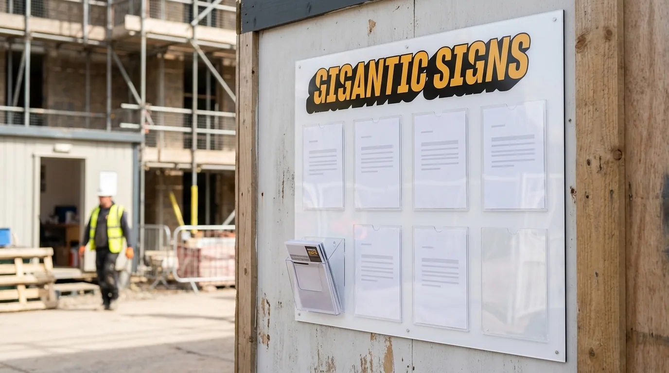 Large custom acrylic site notice board by Gigantic Signs mounted on a construction site hoarding, with fabricated clear acrylic document sleeves holding pre-start checklist sheets and a leaflet holder -- gigantic signs adelaide