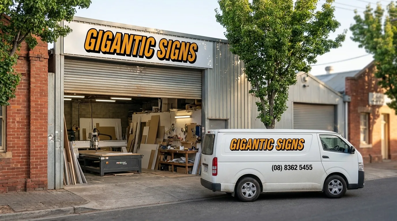 working sign workshop in Kent Town with roller door open showing a CNC router and sign panels, plus a branded Gigantic Signs van out front -- gigantic signs adelaide
