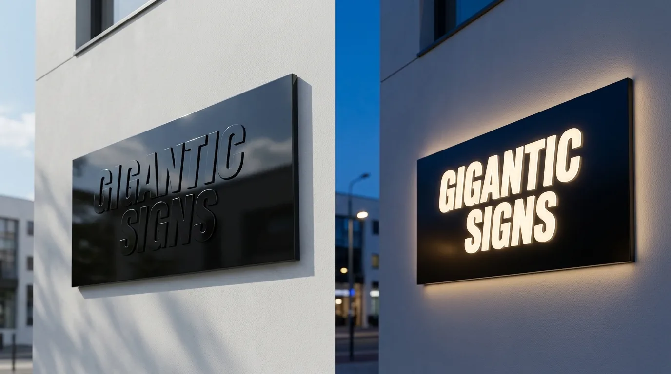 Day/night acrylic sign shown day and night -- the same Gigantic Signs panel reading solid gloss black by day and glowing warm white when backlit at night on a modern Adelaide shopfront - gigantic signs adelaide