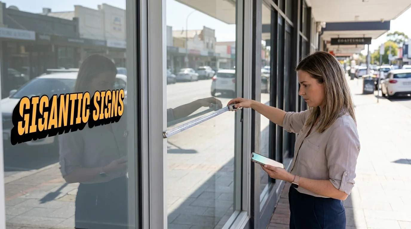 small-business shop owner measuring her own adelaide shopfront window with a tape measure while checking a price on her phone, gigantic signs window graphic on the adjacent glass -- gigantic signs adelaide