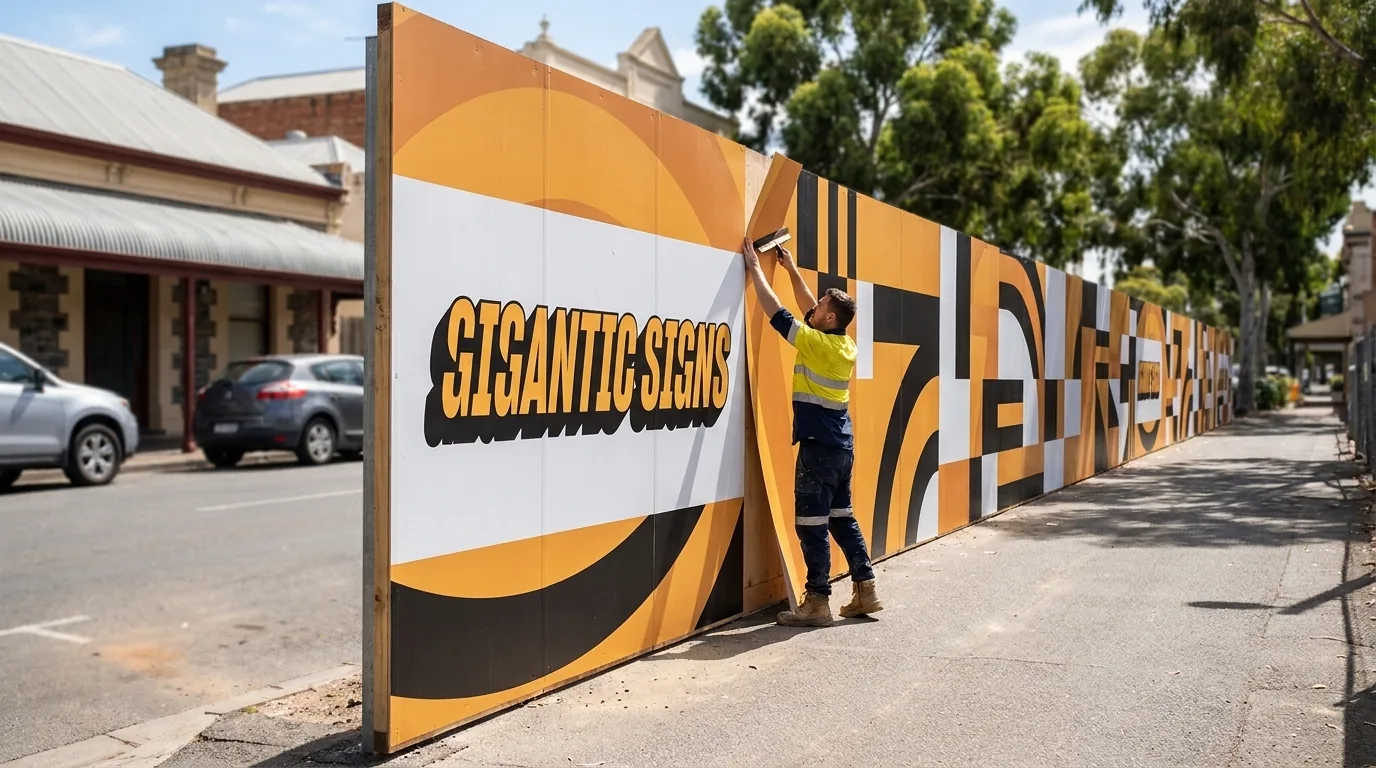 Long Adelaide street construction hoarding wrapped in Gigantic Signs printed graphics applied in regular vertical drops, with an installer squeegeeing the next 1.3m drop flush -- gigantic signs adelaide