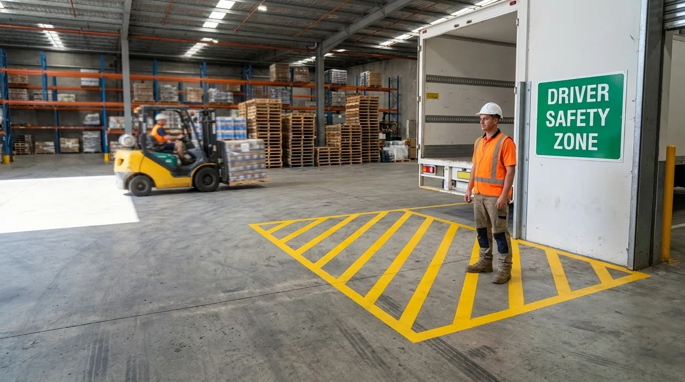 Warehouse loading dock with a yellow-hatched driver safety zone marked on the floor and a green DRIVER SAFETY ZONE sign, a hi-vis driver waiting clear of a working forklift -- gigantic signs adelaide