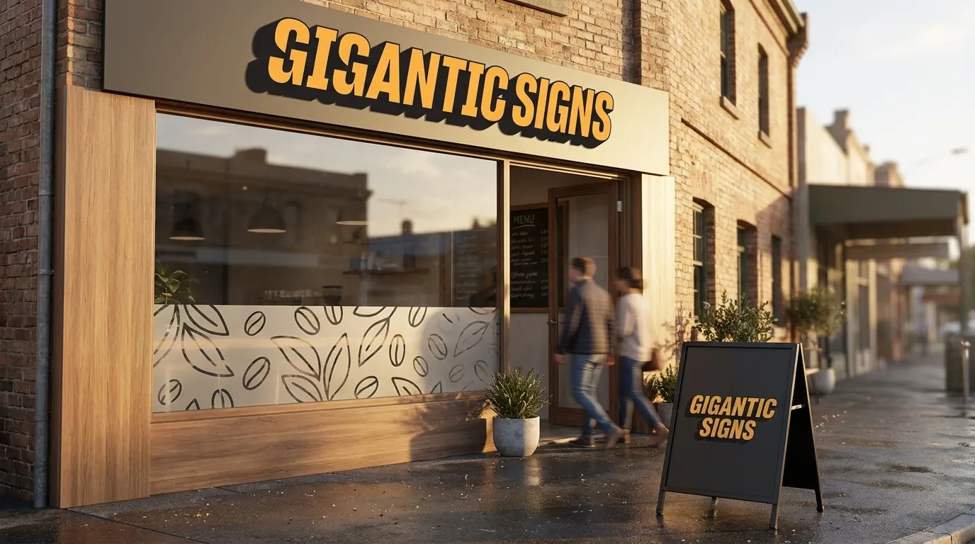Charming new Adelaide cafe exterior on opening morning showing the full sign set -- Gigantic Signs fascia sign above the window, frosted window graphic band, footpath A-frame and a menu board glimpsed through the open door - gigantic signs adelaide