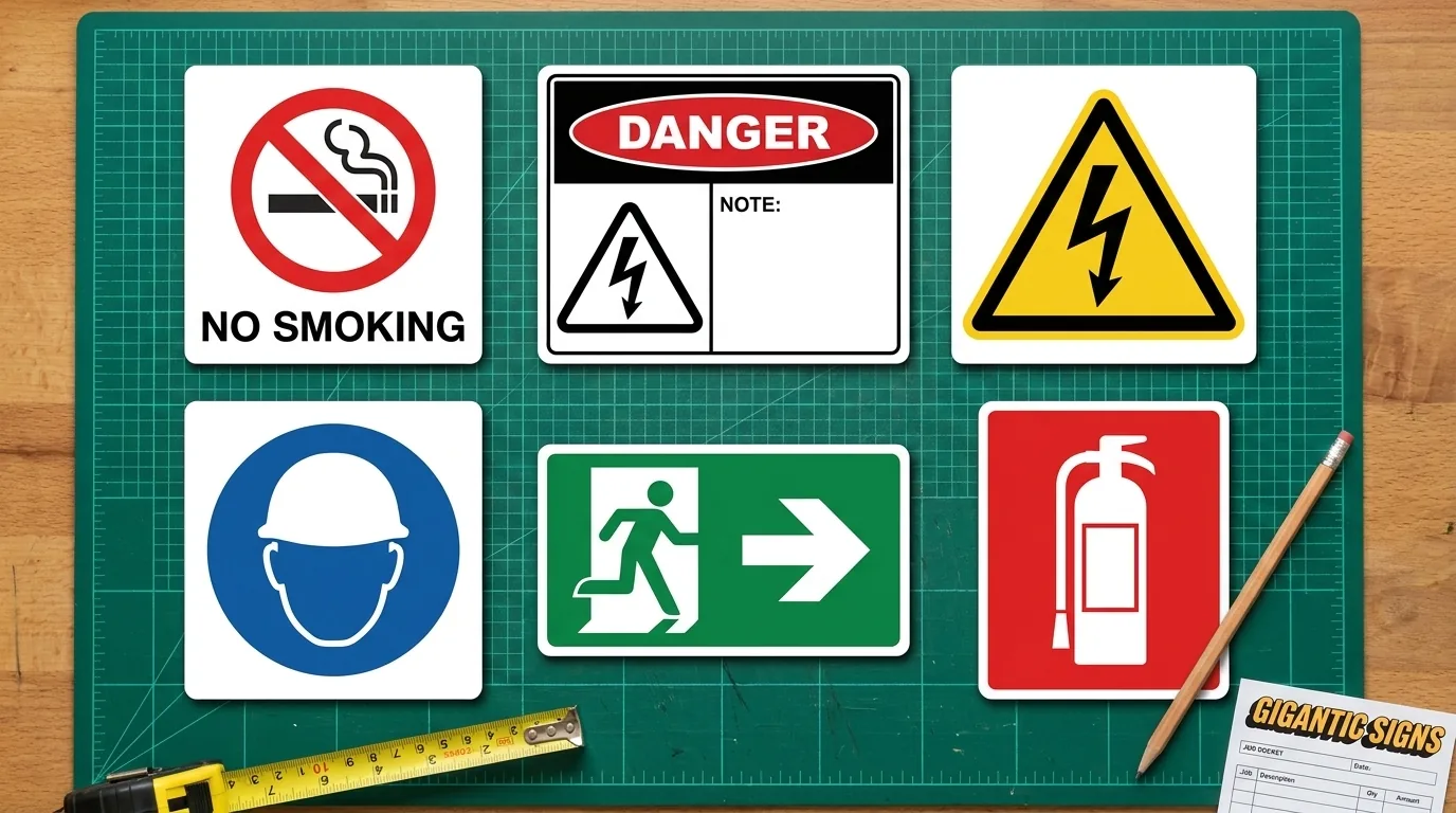 Overhead flat-lay of six Australian safety signs showing the AS 1319 category system -- red prohibition, red danger, yellow warning, blue mandatory, green emergency and red fire -- on a signmaker workshop cutting mat - gigantic signs adelaide
