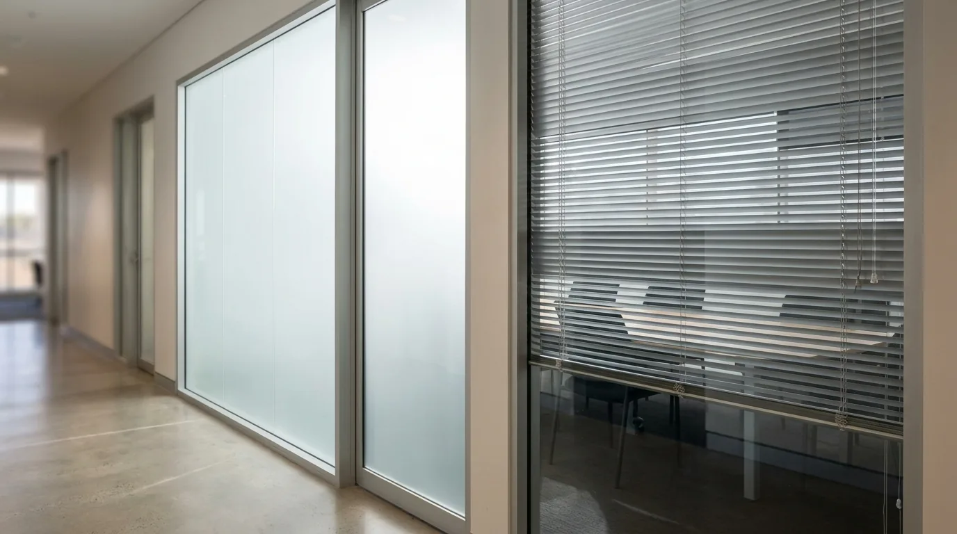Split comparison in an Adelaide office corridor -- one glass meeting room with satin window frosting glowing with daylight beside one with half-closed venetian blinds -- gigantic signs adelaide