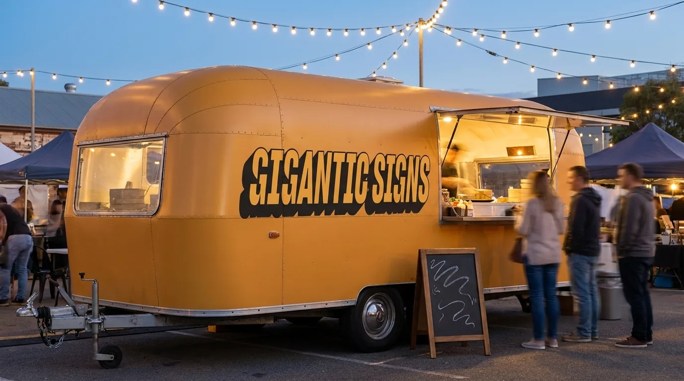 amber-orange vinyl-wrapped food trailer at an evening street-food market, Gigantic Signs logo on the wrap -- gigantic signs adelaide