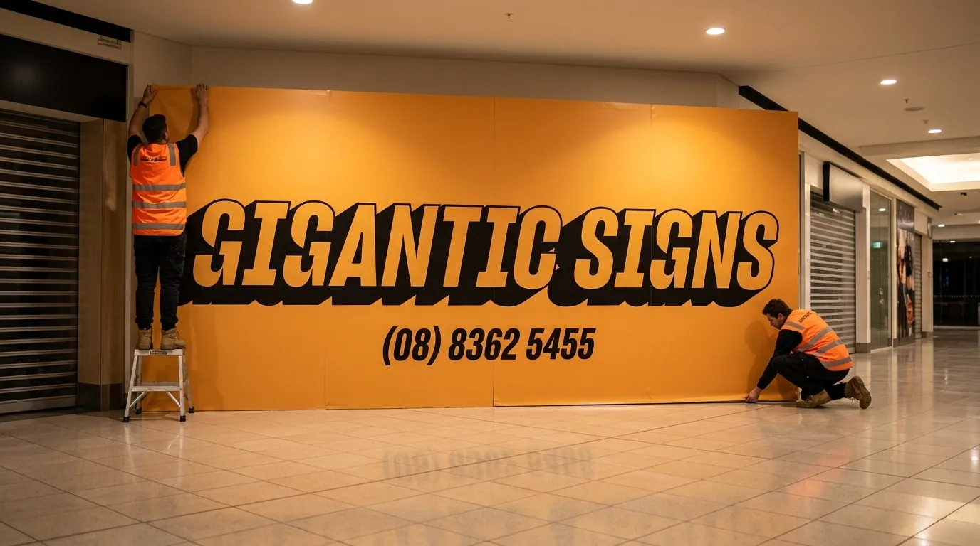 Two hi-vis installers applying a large amber-orange Gigantic Signs hoarding wrap across a vacant shopfront in an after-hours shopping centre -- gigantic signs adelaide