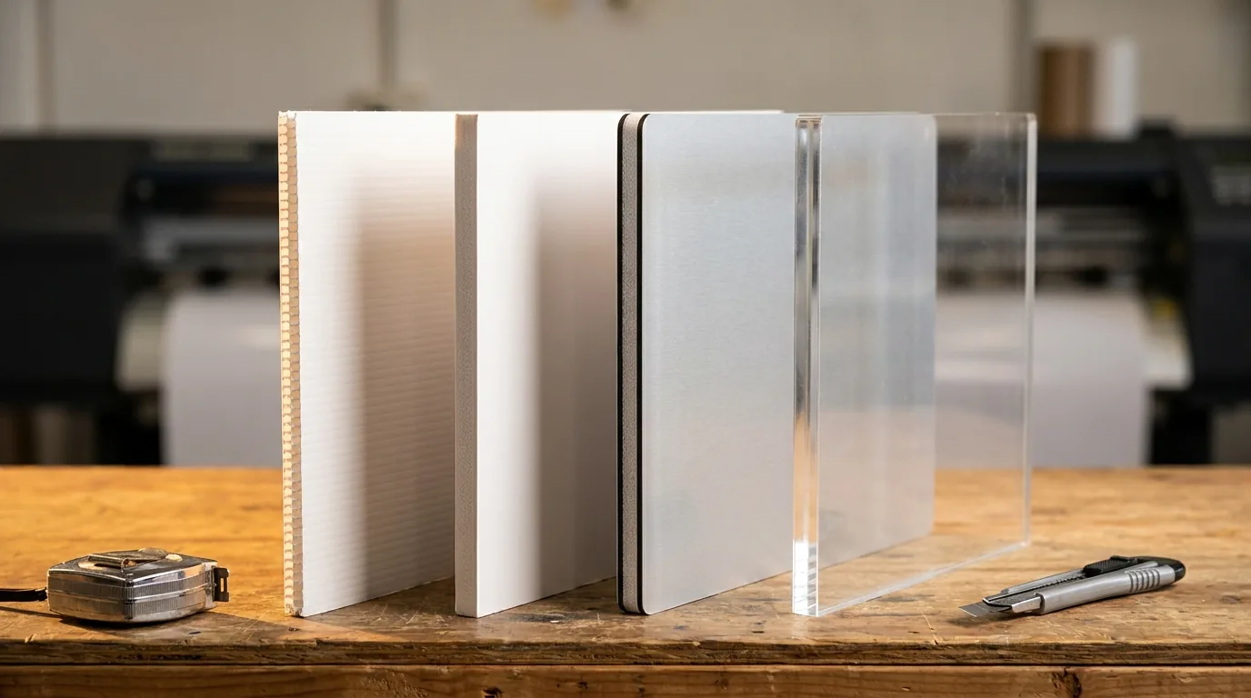 corflute, PVC foamboard, aluminium composite and acrylic sign material samples on a workbench - gigantic signs adelaide