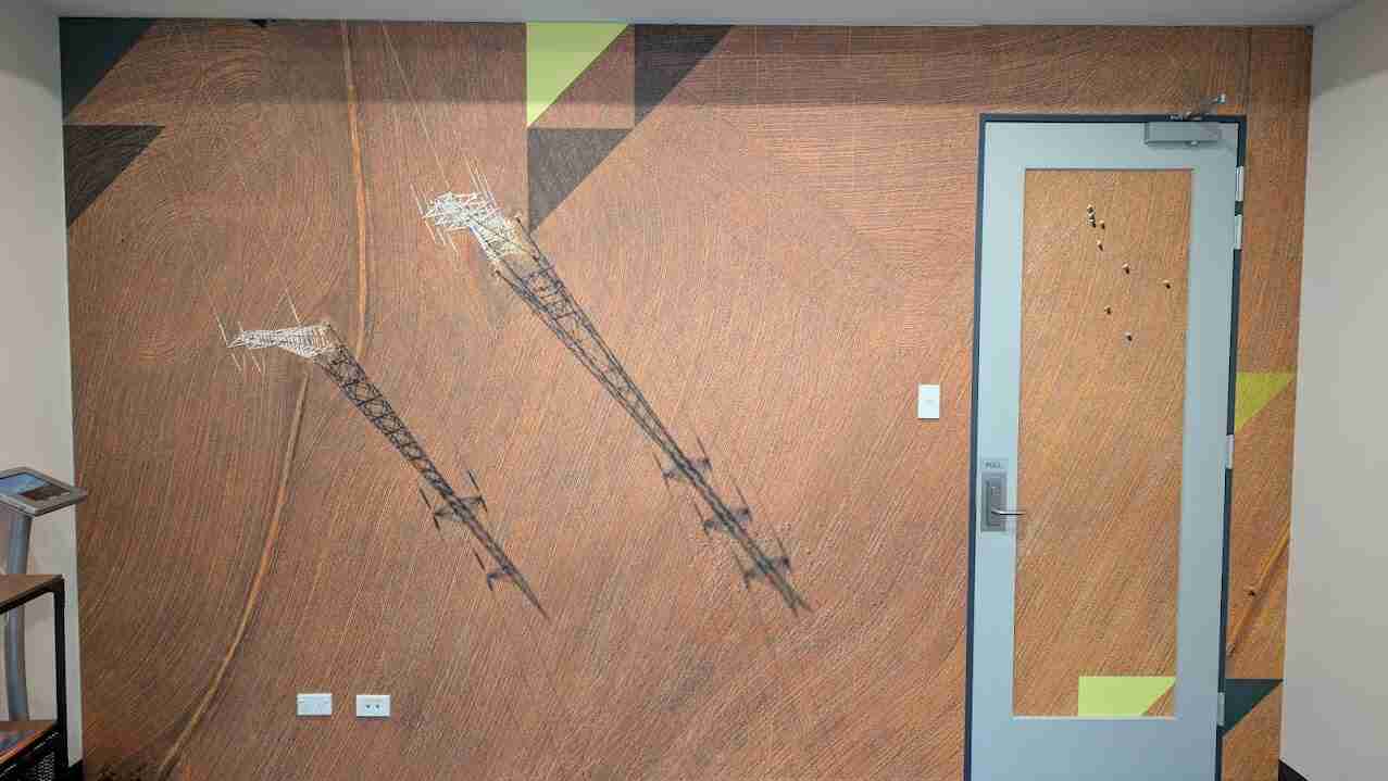 Textured wall graphic installation featuring mounted decorative elements