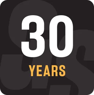 Black and gold 30 Years anniversary badge graphic for brand milestone