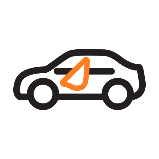 Icon of car with orange panel representing vehicle wraps and fleet signage