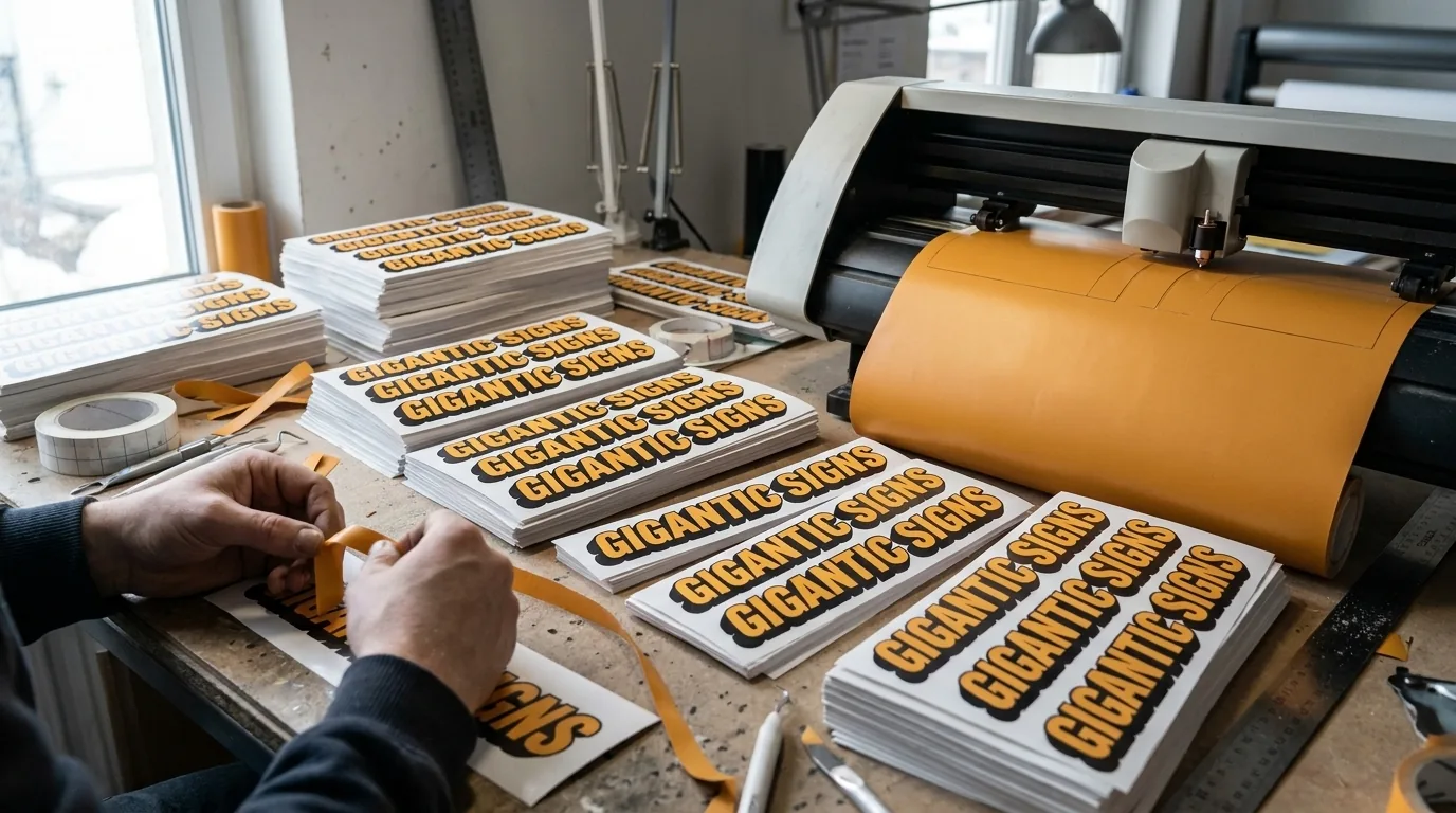 Workshop bench during a bulk vinyl-cut sticker run -- a vinyl plotter cutting amber vinyl while hands weed the excess from stacks of identical die-cut Gigantic Signs logo decals -- gigantic signs adelaide