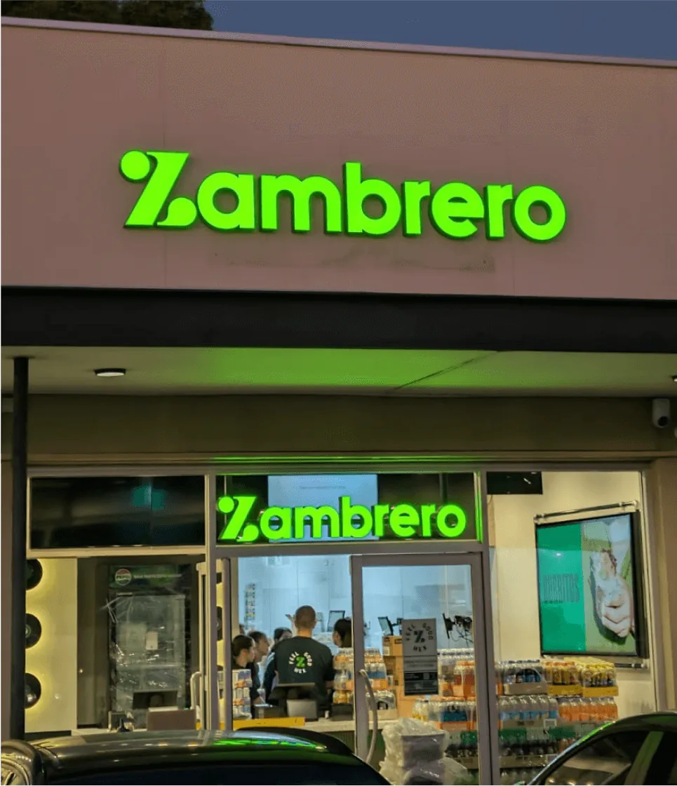 Zambrero restaurant illuminated at night