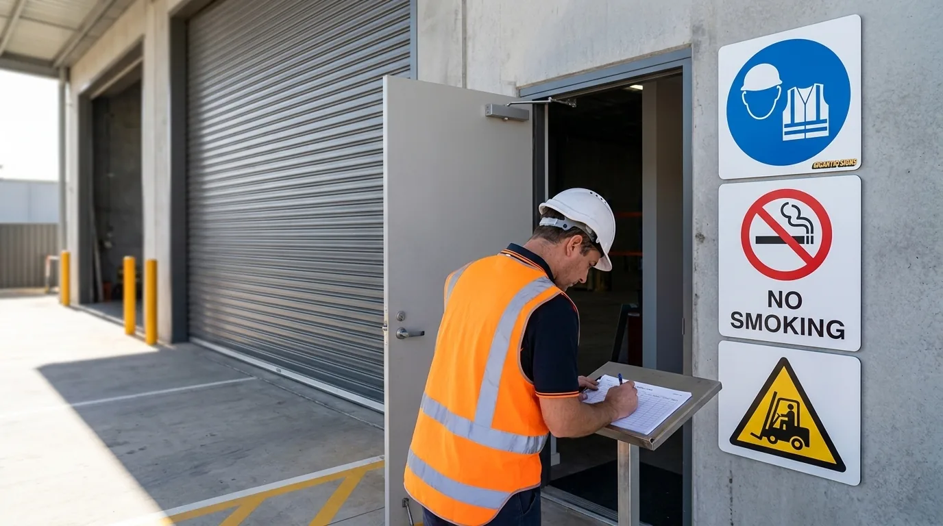 Warehouse entry doorway with a compliant safety sign set beside the door -- blue mandatory hard hat and hi-vis sign, red no smoking prohibition sign and yellow forklift warning triangle, with a worker in hi-vis signing in at the entry stand -- gigantic signs adelaide