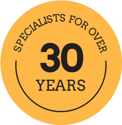 Gold badge graphic reading Specialists for Over 30 Years