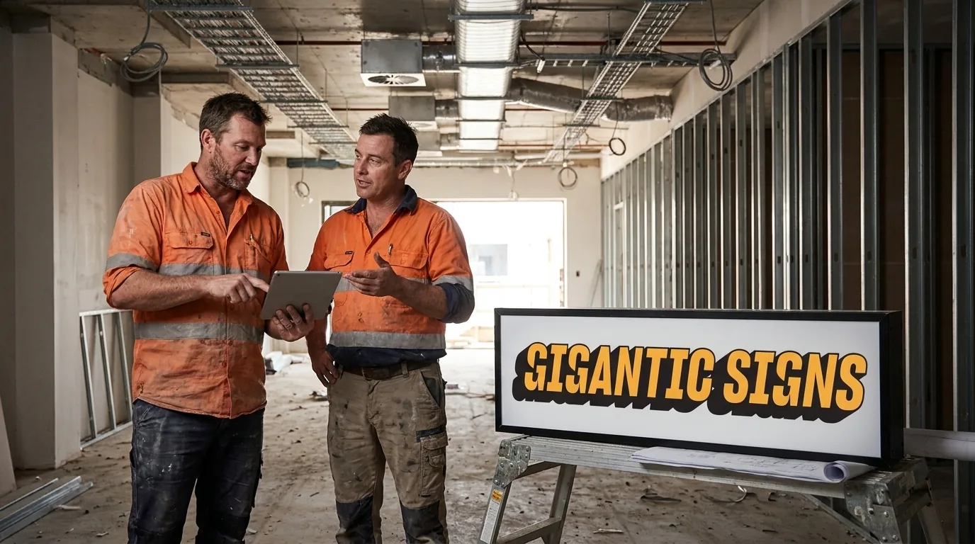 Two hi-vis tradespeople reviewing plans on a tablet inside a commercial fit-out in progress, with a matte illuminated Gigantic Signs sample panel on the workbench -- gigantic signs adelaide