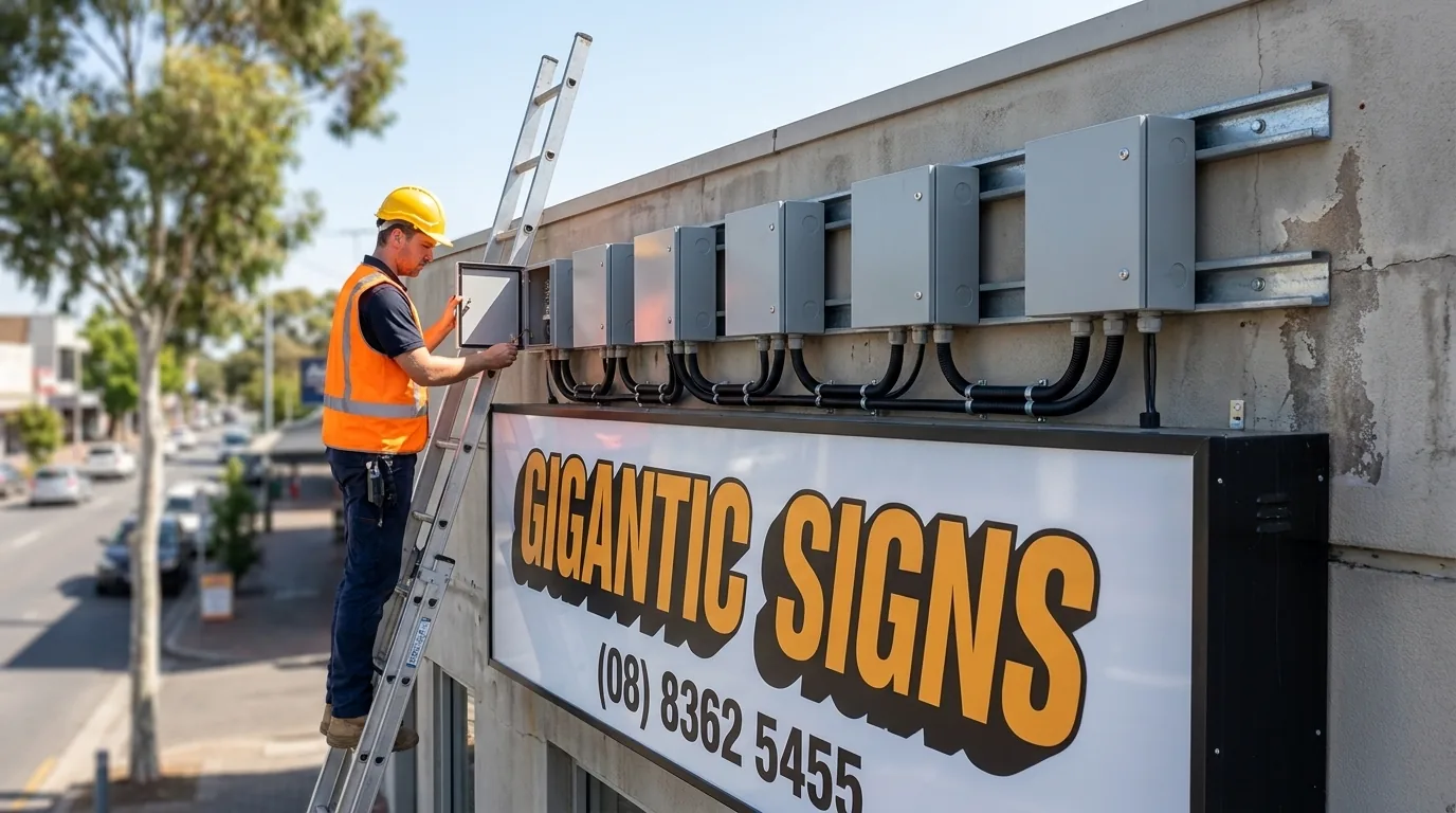 sign technician on a ladder servicing a row of LED sign drivers mounted accessibly on a steel channel behind an illuminated sign -- gigantic signs adelaide