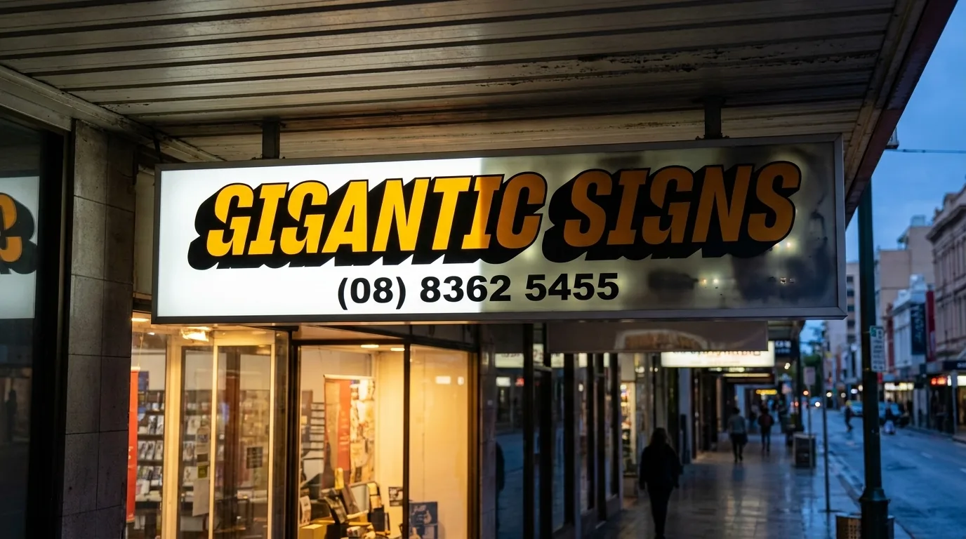 Under-awning light box sign lit unevenly, bright and even on the left half but dim and patchy on the right, on an Adelaide shopfront at dusk - gigantic signs adelaide