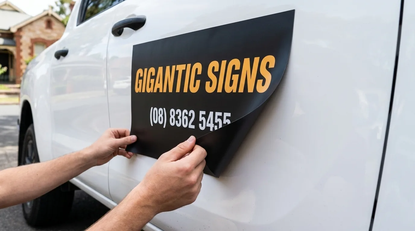 Hands peeling a large Gigantic Signs magnetic car sign off a white ute door revealing perfect glossy paint underneath -- gigantic signs adelaide