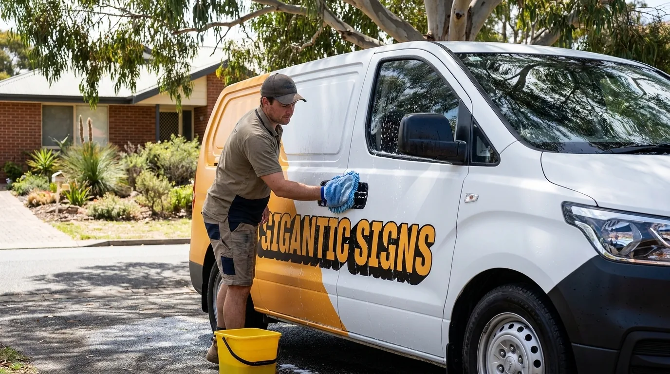 A signwriter hand-washing a Gigantic Signs wrapped white van with a wash mitt and bucket in a shaded driveway -- gigantic signs adelaide