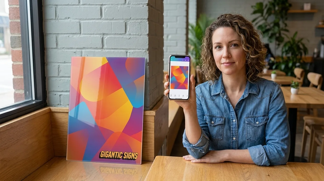 small business owner holding a phone design next to a matching printed acrylic sign -- gigantic signs adelaide