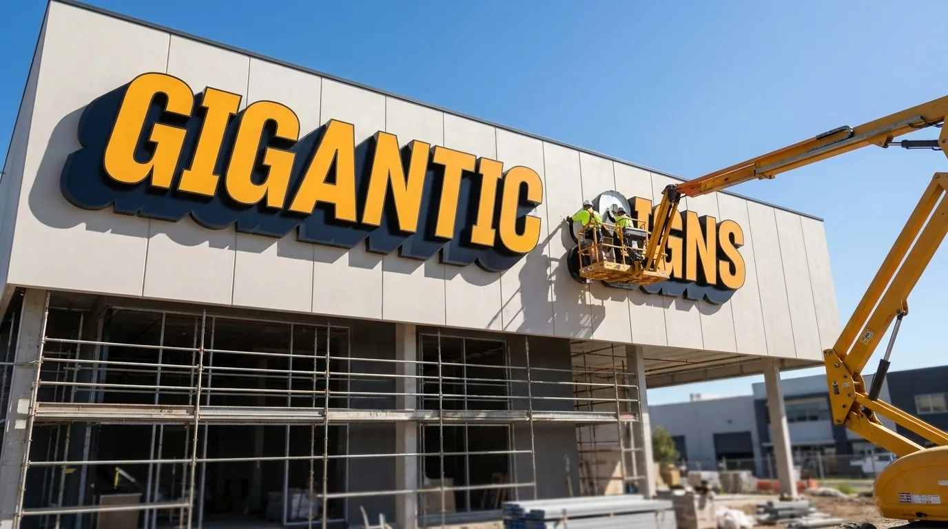 Large fabricated built-up building letters spelling Gigantic Signs being installed high on a multi-storey commercial facade by two riggers on a yellow boom lift during construction -- gigantic signs adelaide
