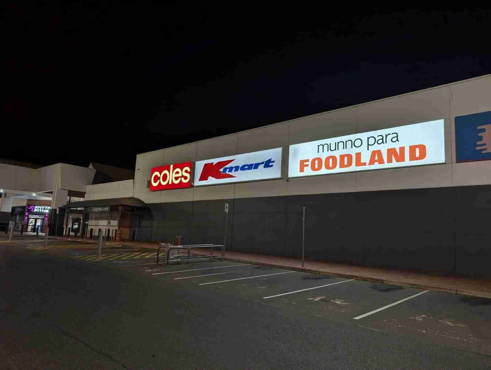 illuminated supermarket shopfront signage at night - gigantic signs adelaide