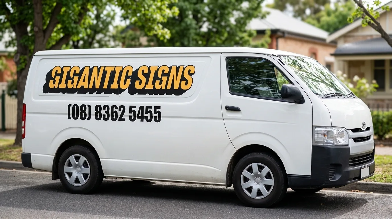Cut vinyl vehicle lettering -- Gigantic Signs logo and phone number on a white tradie van -- gigantic signs adelaide