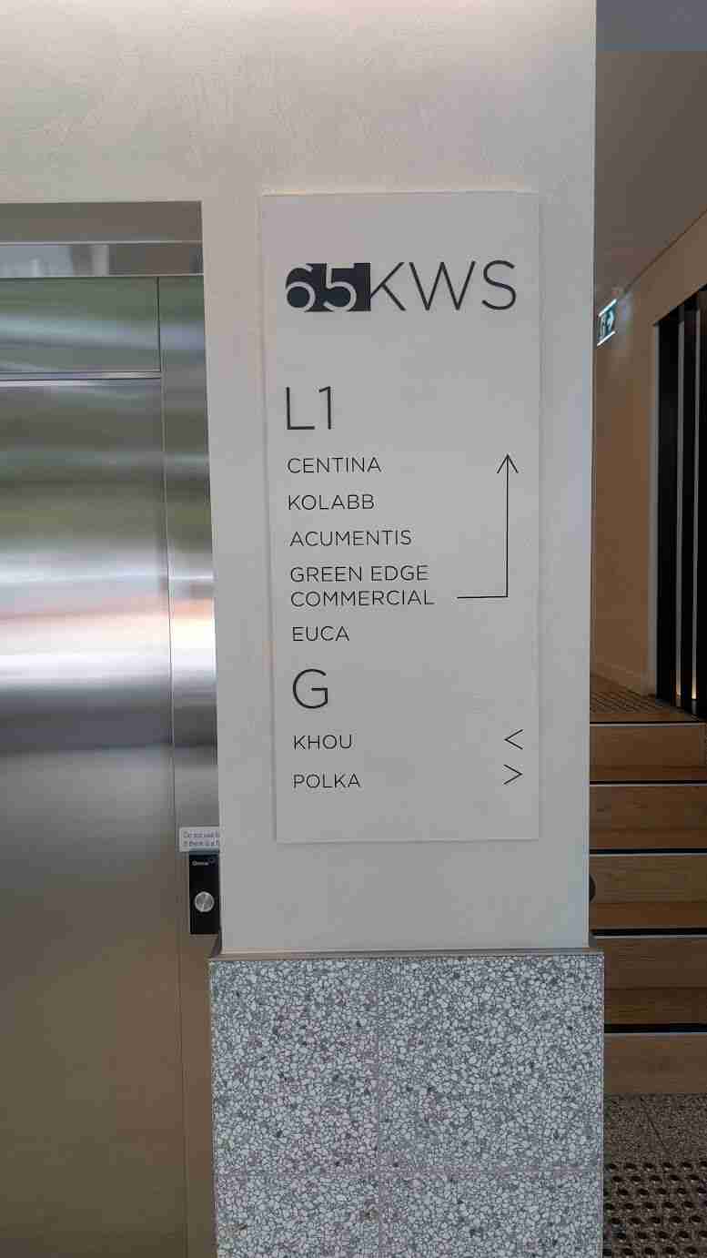 Printed building directory banner listing tenants and floor levels