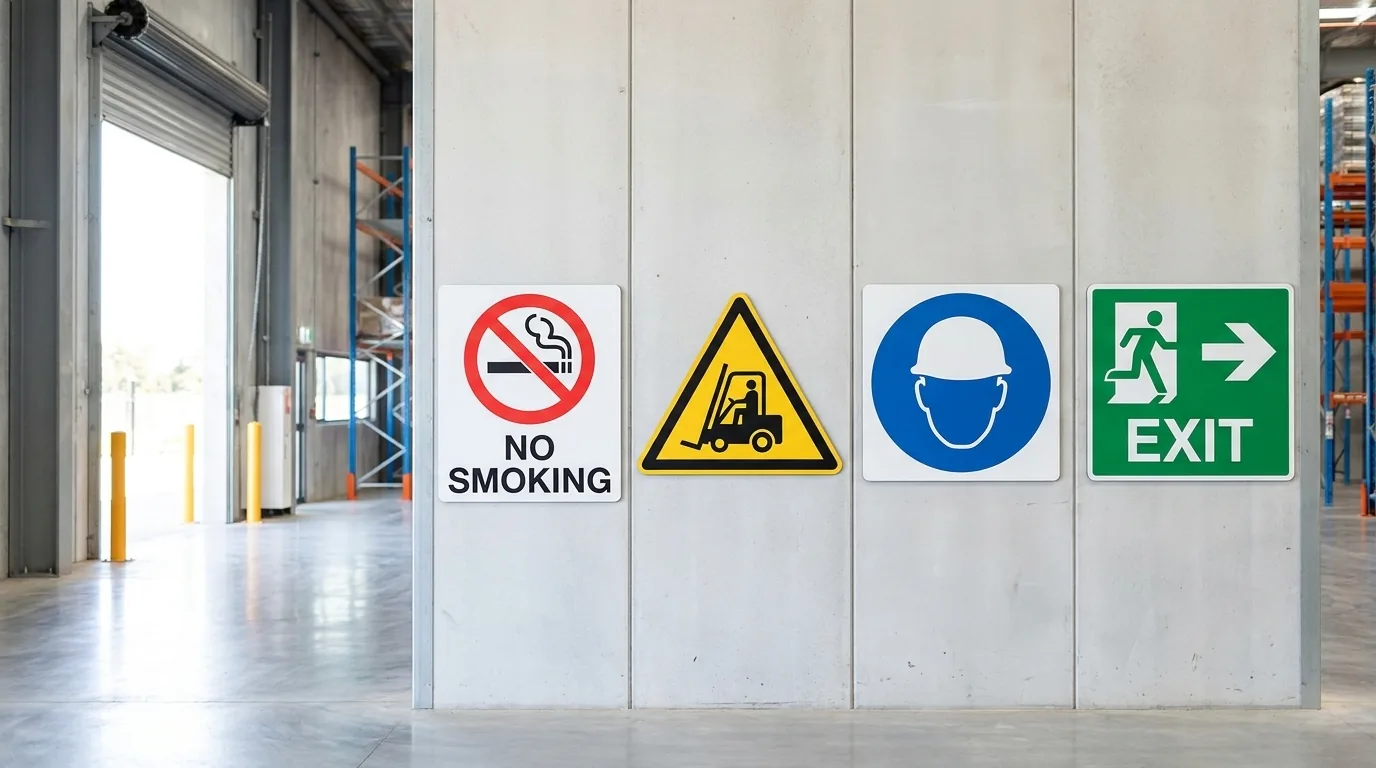 Row of four AS 1319 workplace safety signs on an Adelaide warehouse wall -- red no smoking prohibition, yellow forklift warning, blue hard hat mandatory and green emergency exit -- gigantic signs adelaide