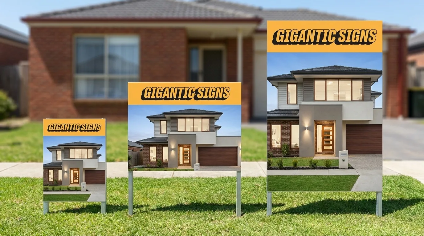 Three real estate for-sale sign boards in three different sizes standing side by side on steel ground spikes on a suburban front lawn, each showing a house photo and the Gigantic Signs logo band -- gigantic signs adelaide