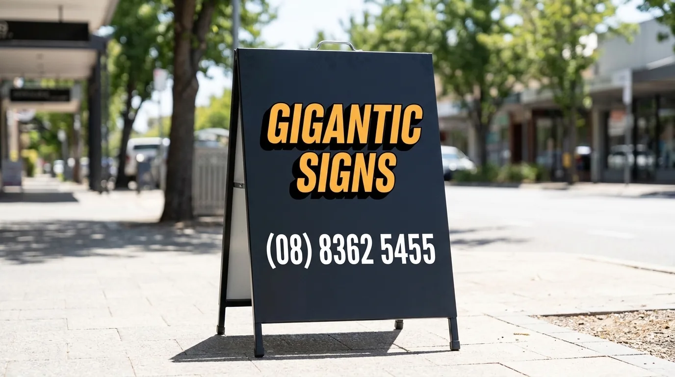 black metal A-frame sandwich board sign on a Kent Town Adelaide footpath -- gigantic signs adelaide