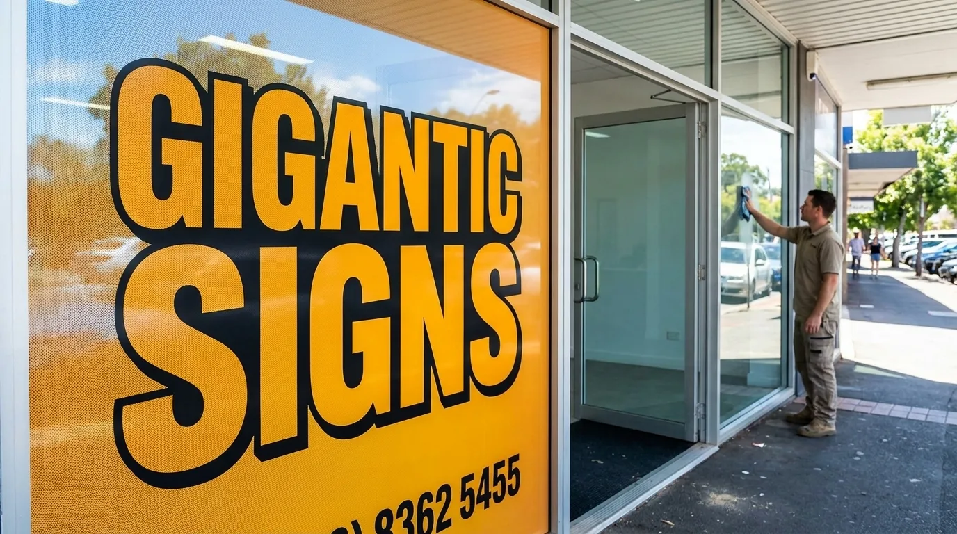 street view of an adelaide shopfront window covered with a vibrant amber-orange gigantic signs one-way vision graphic while an installer wipes an adjacent glass pane clean - gigantic signs adelaide