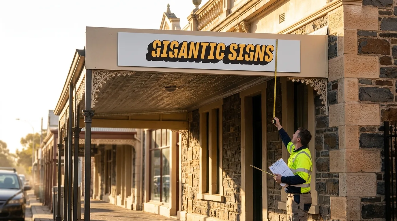 Sign installer measuring a new Gigantic Signs fascia sign on a heritage bluestone Adelaide shopfront to check council approval -- gigantic signs adelaide