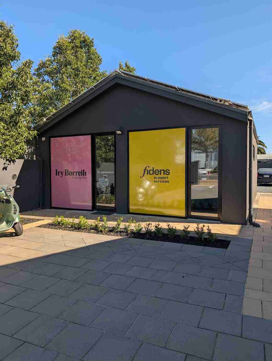 Modern building with colorful signage