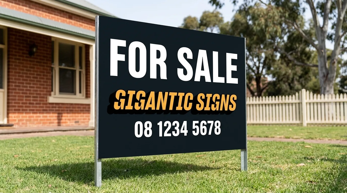 for sale corflute real estate signboard in a steel frame outside an Adelaide home - gigantic signs adelaide