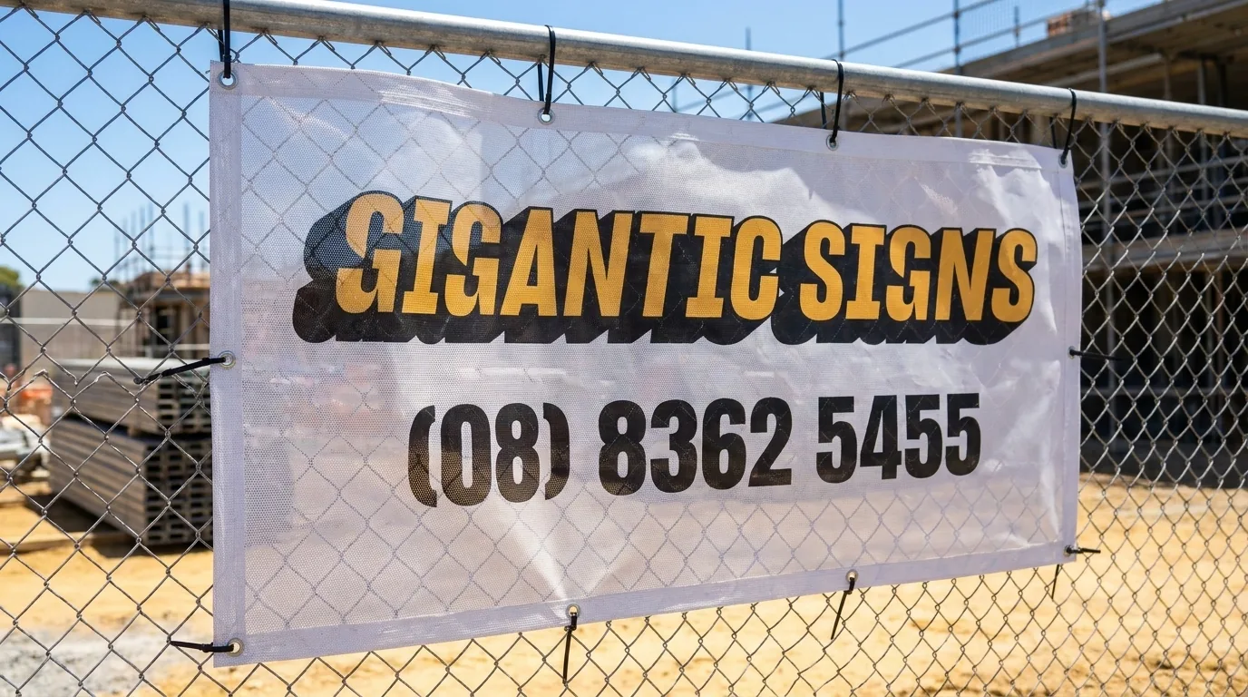 Printed mesh Gigantic Signs banner cable-tied through metal eyelets to a chain-wire construction fence on an Adelaide site, wind passing through the perforated mesh -- gigantic signs adelaide
