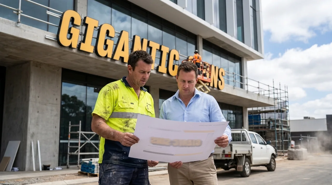 Sign installer in hi-vis and a business owner reviewing a printed signage artwork proof on a construction site, with GIGANTIC SIGNS 3D letters being installed on the building behind -- gigantic signs adelaide