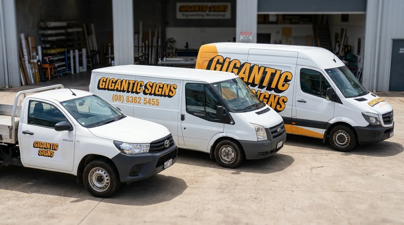 Three white Gigantic Signs work vehicles in a workshop yard showing the vehicle signage cost ladder -- magnetic door sign, cut vinyl lettering and a full wrap -- gigantic signs adelaide