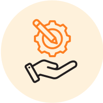 Icon of hand holding gear representing quality-controlled signage production