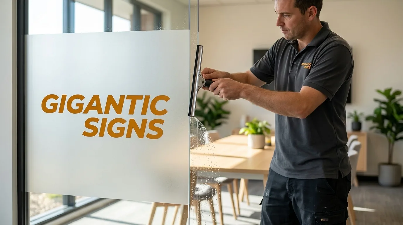 signage installer squeegeeing frosted privacy film onto a modern office glass partition, half the pane etched with the gigantic signs logo - gigantic signs adelaide